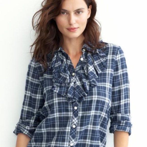 Banana Republic Tops - Banana Republic Blue Plaid Flannel Ruffle Shirt